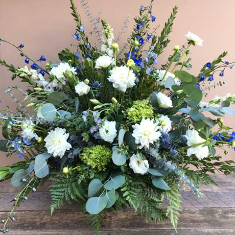 Blue and White Funeral Flower Arrangement [FA8573] - $250.00